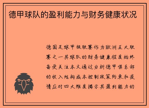 德甲球队的盈利能力与财务健康状况